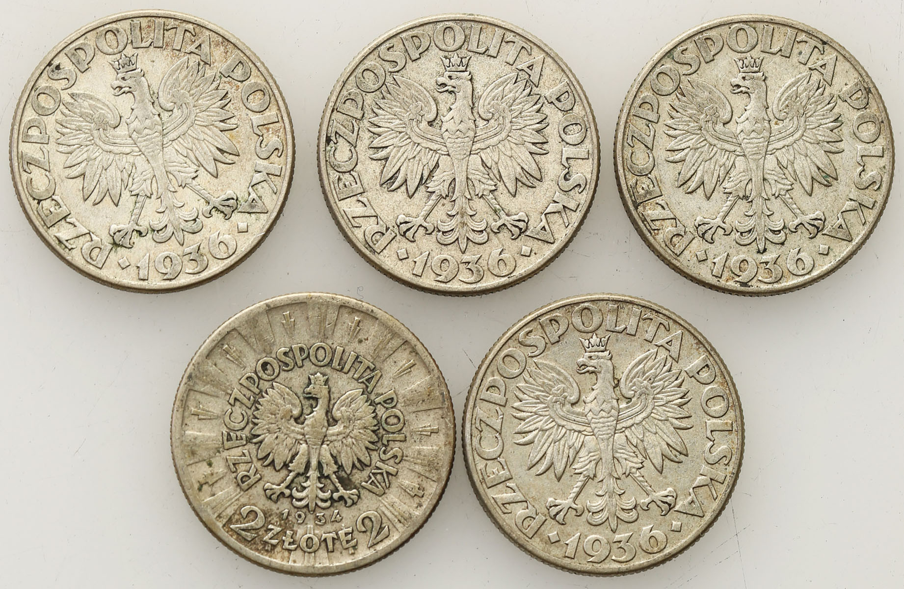 II RP. 2 złote 1934-1936 Piłsudski 1934 + Żaglowiec 1936, zestaw 5 monet